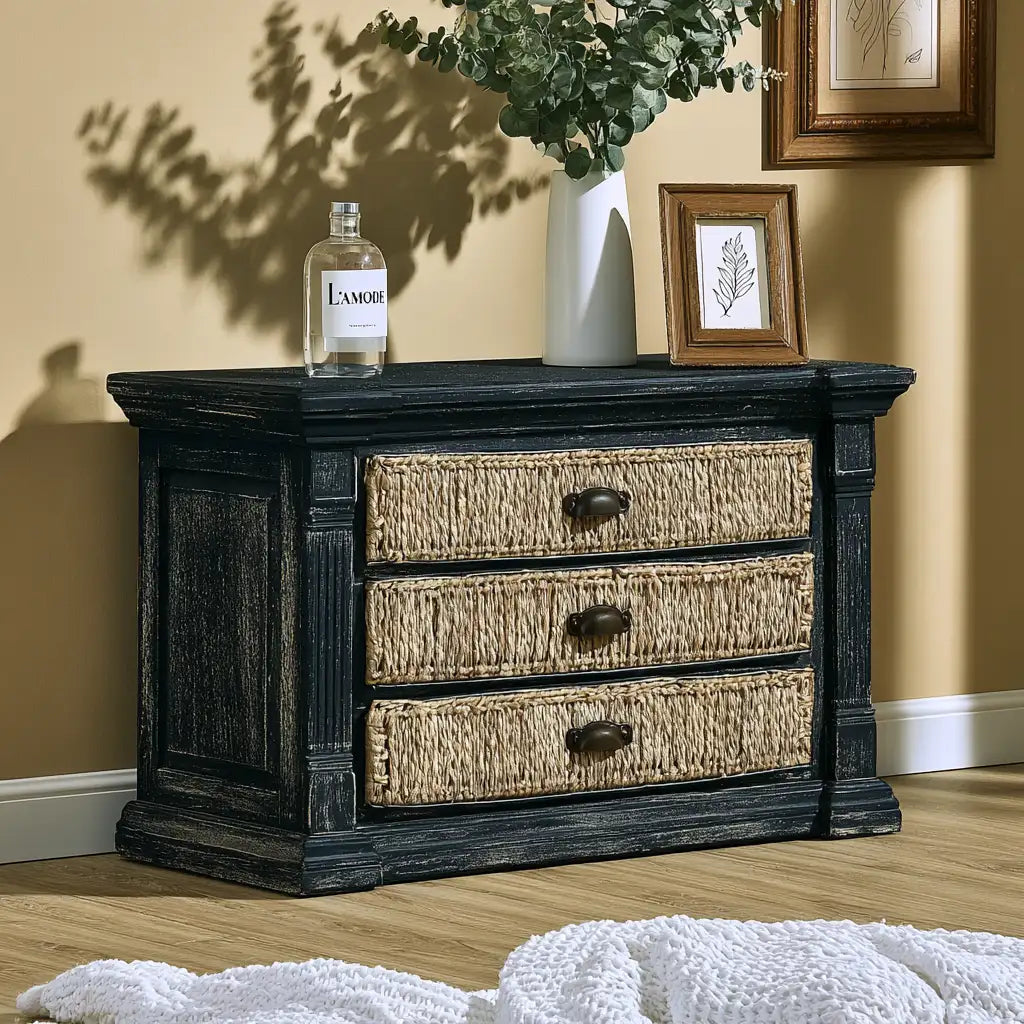 Cassettiera dalla forma compatta, nero e beige, per la casa