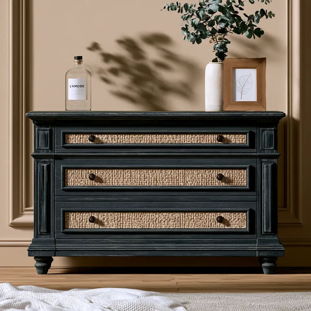 Cassettiera dal profilo contemporaneo, nero e beige, per la casa