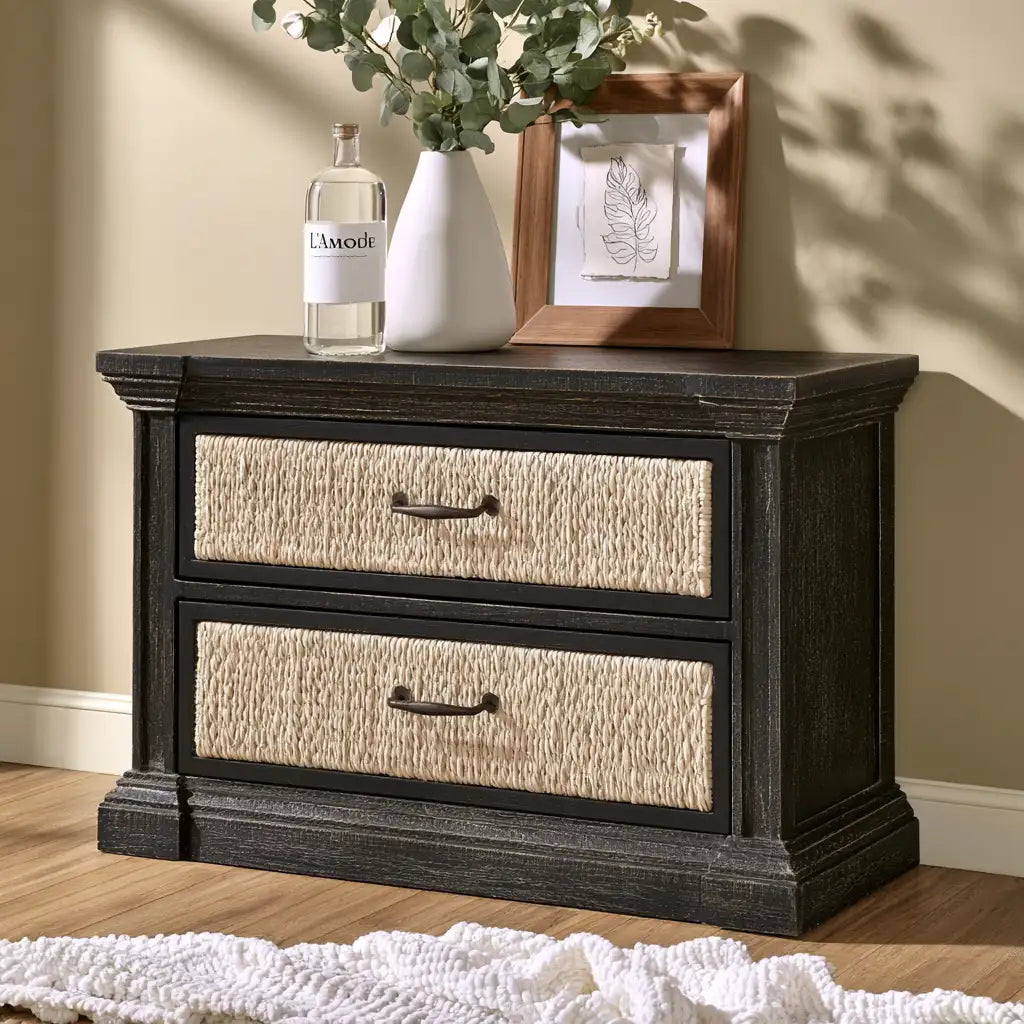 Cassettiera dalla forma compatta, nero e beige, per la casa