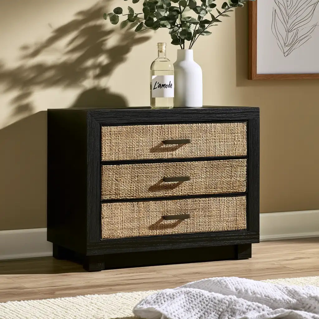 Cassettiera dal design essenziale, nero e beige, per la casa