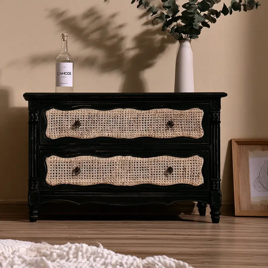 Cassettiera dal profilo contemporaneo, nero e beige, per la casa
