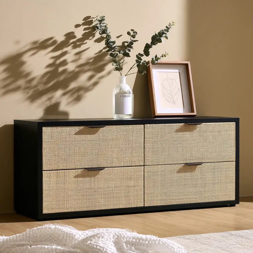 Cassettiera dal design essenziale, nero e beige, per la casa