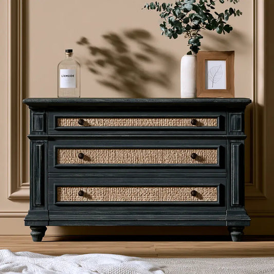 Cassettiera dal profilo contemporaneo, nero e beige, per la casa