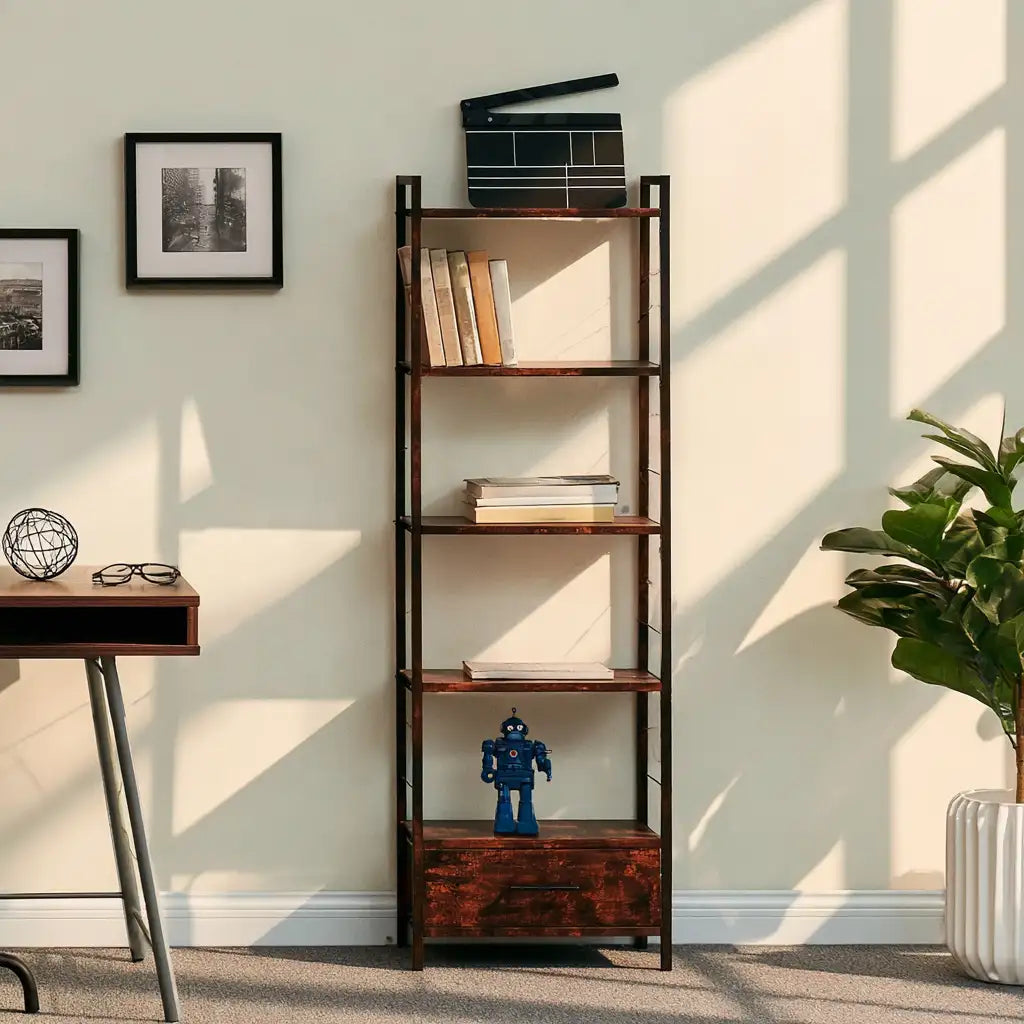 Libreria con ripiani dalle linee moderne, marrone e nero, per la casa